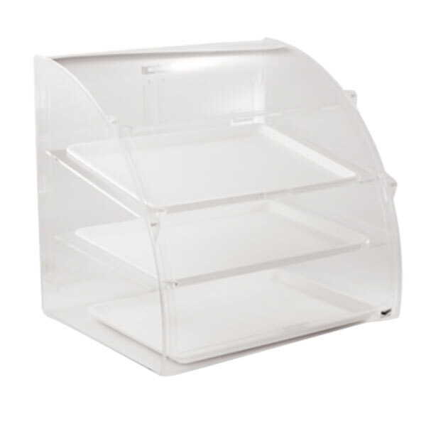 A clear plastic container with three trays inside.