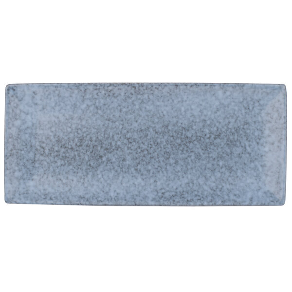 A rectangular Biseki stoneware platter with a blue and white speckled surface.