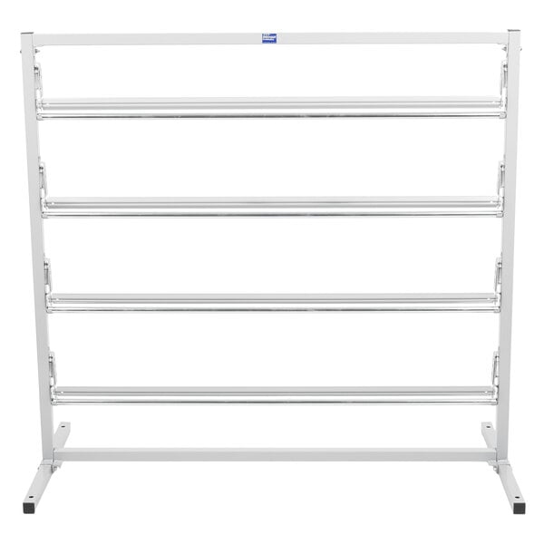 A white metal rack with six metal rods.