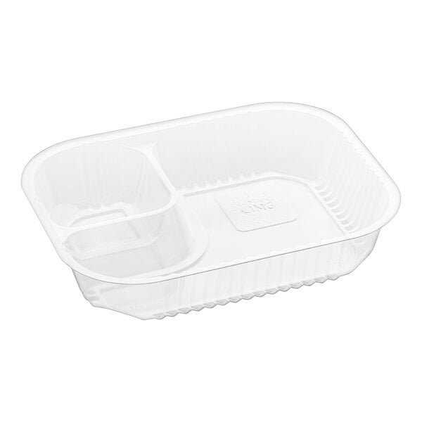 A white plastic Carnival King nacho tray with two compartments.