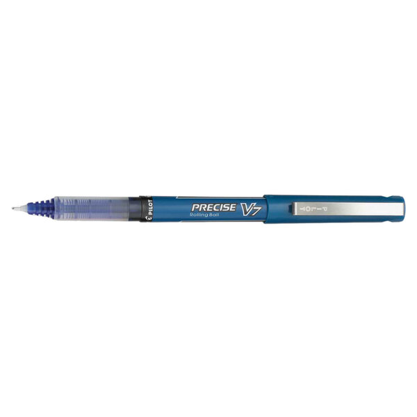 A Pilot Precise V7 blue roller ball pen with a clear cap and blue tip.