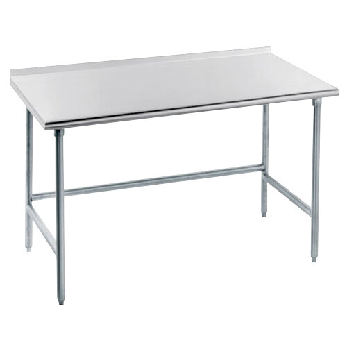 An Advance Tabco stainless steel work table with an open base.