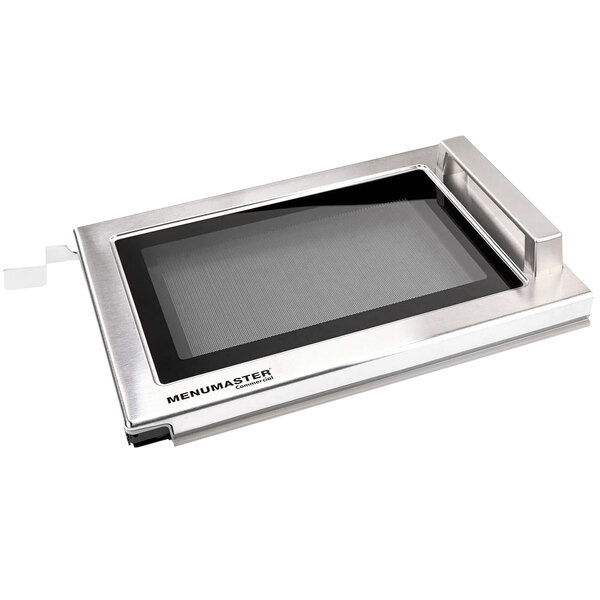 A stainless steel Amana microwave door assembly with a black window.