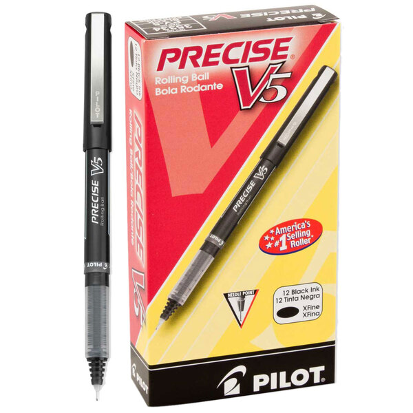 A close up of a Pilot Precise V5 black roller ball pen in a box.