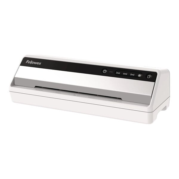 A white Fellowes Saturn 95 laminator designed for laminating documents up to 9 1/2 inches wide with a 5 mil maximum thickness.