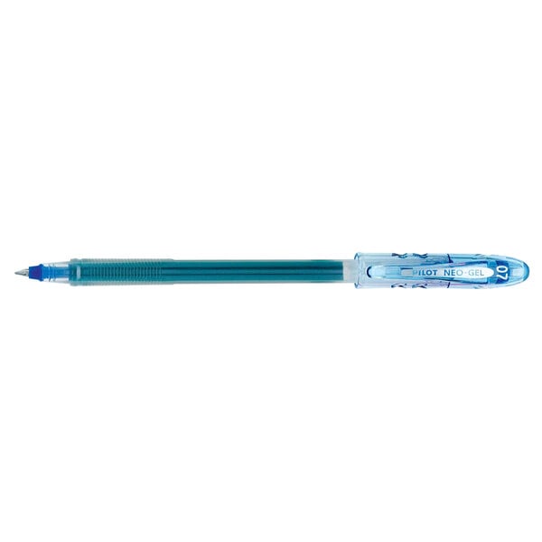 A Pilot Neo-Gel blue pen with a blue cap.