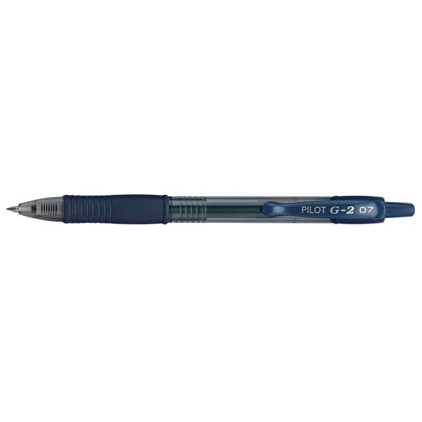 A Pilot navy blue gel pen with a translucent barrel and a black tip on a table.