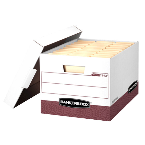 A white Fellowes Banker's Box file storage box with a lid open and two folders inside.