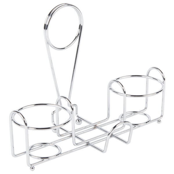 A silver metal Clipper Mill condiment caddy with two compartments and a menu holder.