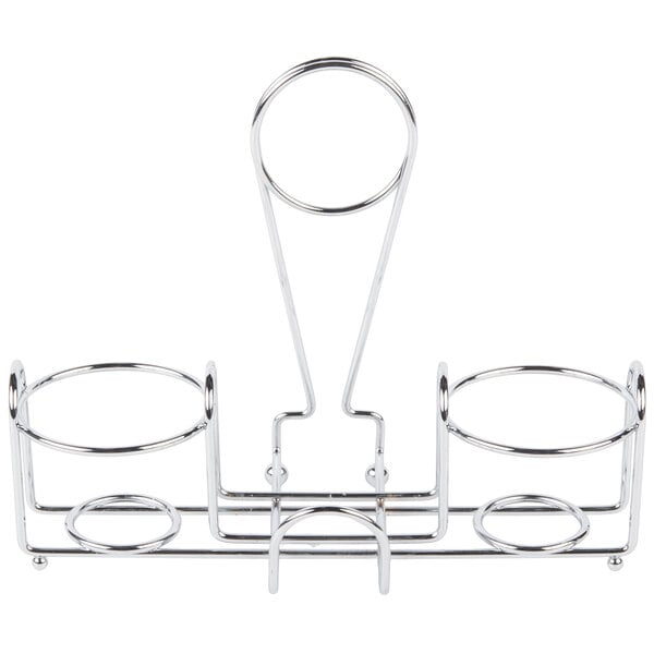 A silver metal Clipper Mill 2-compartment condiment caddy with circles and a clip.