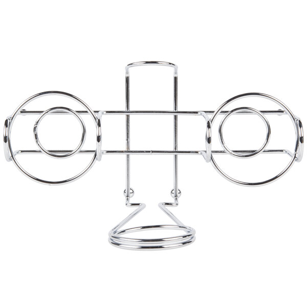A Clipper Mill metal wire condiment caddy with two circles on it.