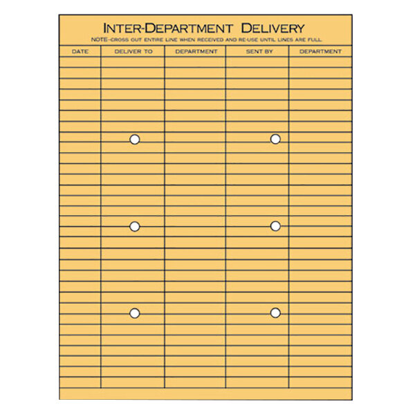 A yellow rectangular Universal Kraft interoffice envelope with holes and black text.