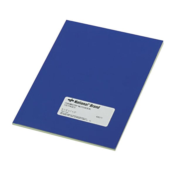 A blue National Casebound chemistry notebook with a white label on it.