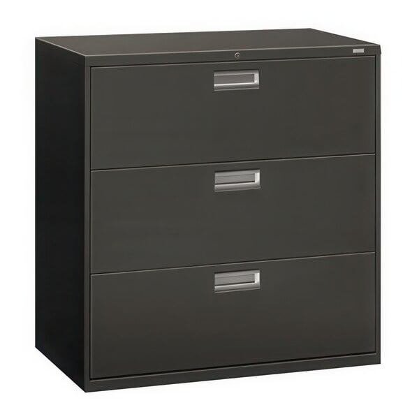 A black HON 600 Series lateral filing cabinet with three drawers and silver handles.