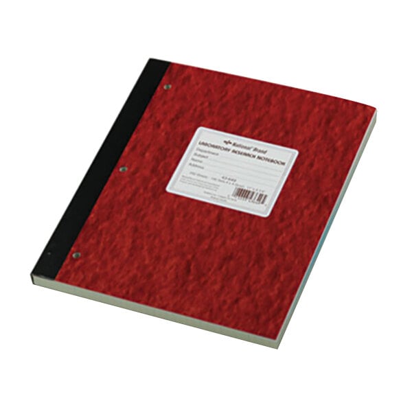 The brown cover of a National Casebound Quadrille Lab Notebook with a white label.