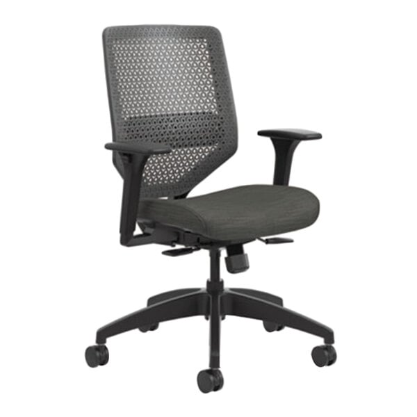 A black Solve Series office chair with a black mesh back and casters.