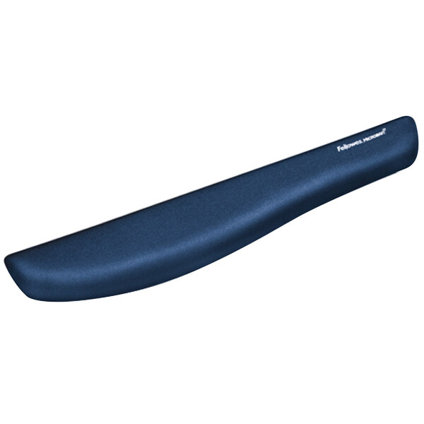 A blue Fellowes PlushTouch foam keyboard wrist rest.