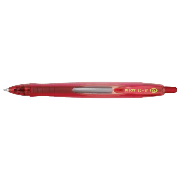 The red Pilot G6 pen with a clear tip and clear cap.