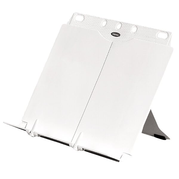 A platinum Fellowes BookLift copyholder on a white stand holding open pages.