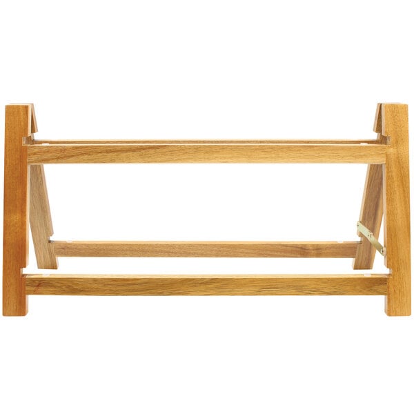 A Tablecraft acacia wood 2-tier rack on a counter.