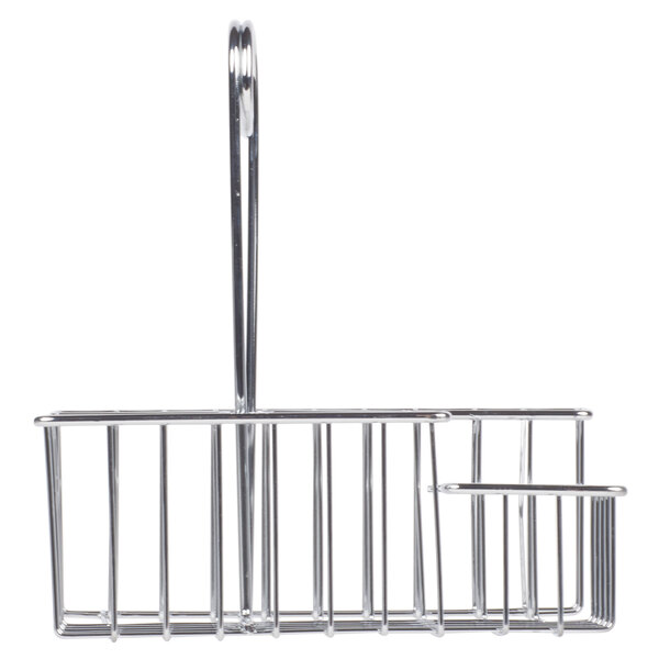 A Clipper Mill chrome metal condiment caddy with 4 compartments and a handle.