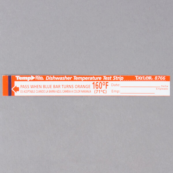 A white and orange Taylor label with black text for Taylor TempRite dishwasher test strips.