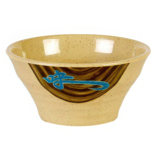 A beige melamine bowl with a blue design on it.