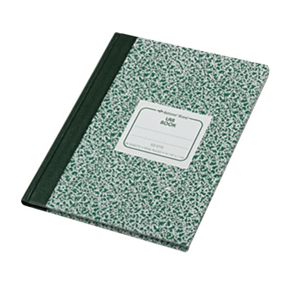 The white cover of a green National Casebound Lab Notebook.