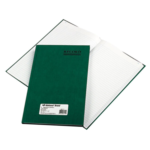 A green National account book with a white label on the cover.