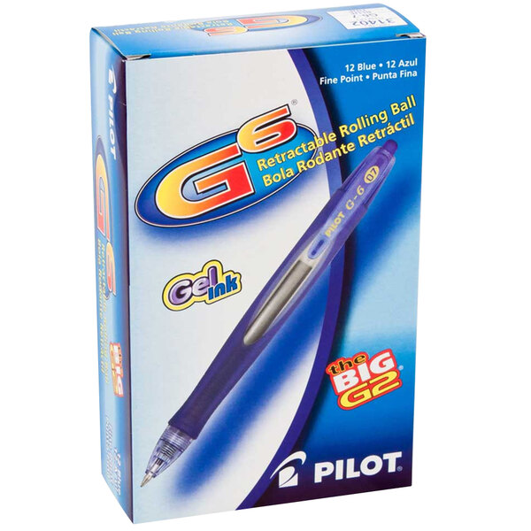 A box of 12 Pilot G6 blue gel pens.