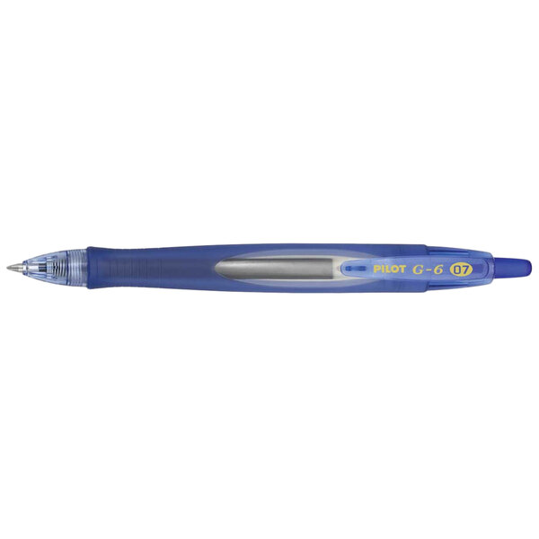 A Pilot G6 blue gel pen with a clear barrel and silver tip.