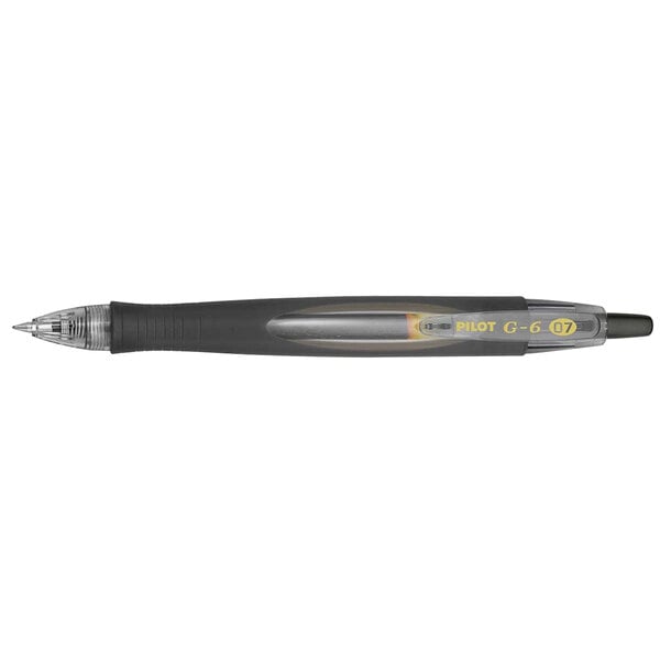 A close up of a black Pilot G6 pen with a black tip.