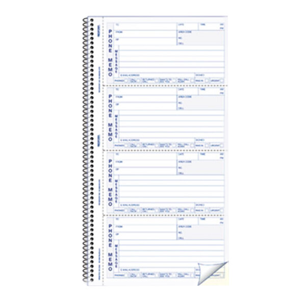 A spiral bound Rediform 2-part carbonless phone message book with many forms.