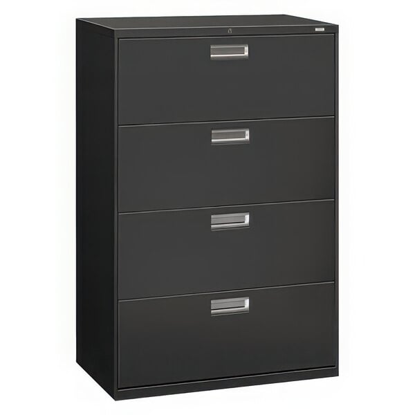 A charcoal HON Brigade lateral filing cabinet with four drawers and silver handles.