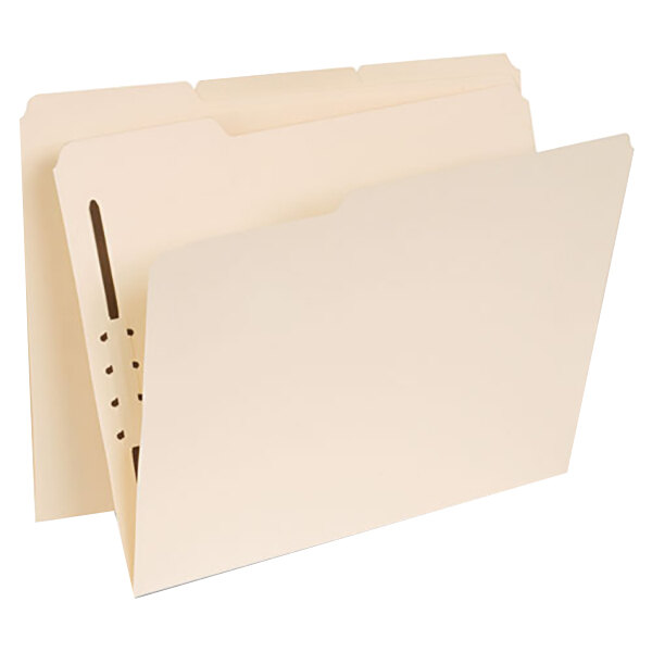 A pair of Universal manila file folders with reinforced tabs and 1 fastener.