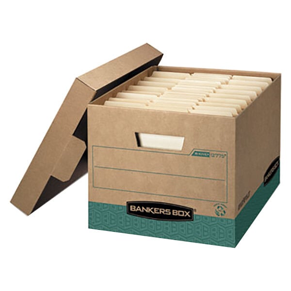 A brown Fellowes storage box with white folders inside.