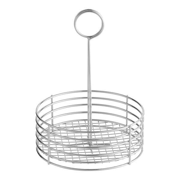 A Clipper Mill stainless steel round condiment caddy with a wire handle.