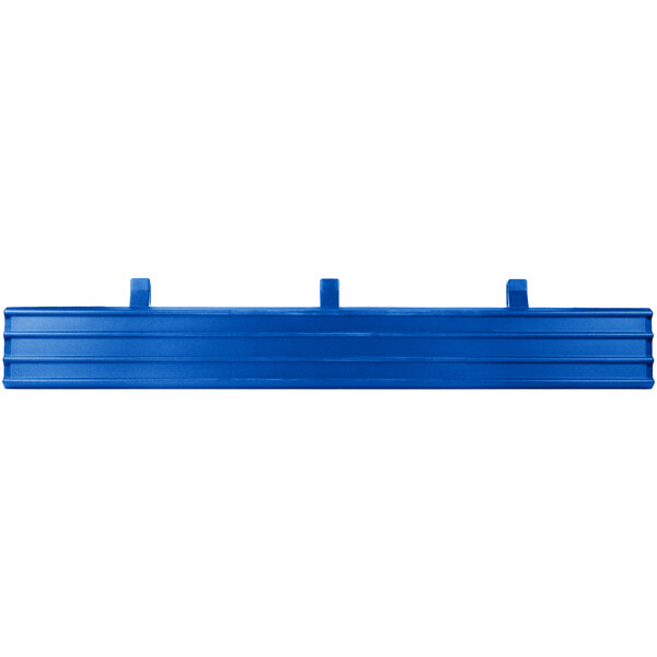 A blue metal tray rail with three hooks.