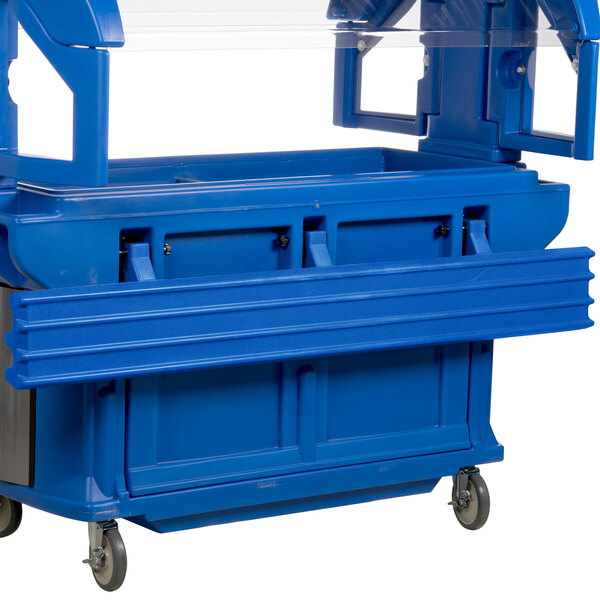 A navy blue plastic tray rail for a Cambro Versa food bar.