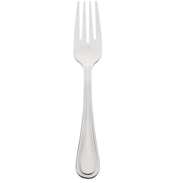 A silver fork with a white handle.