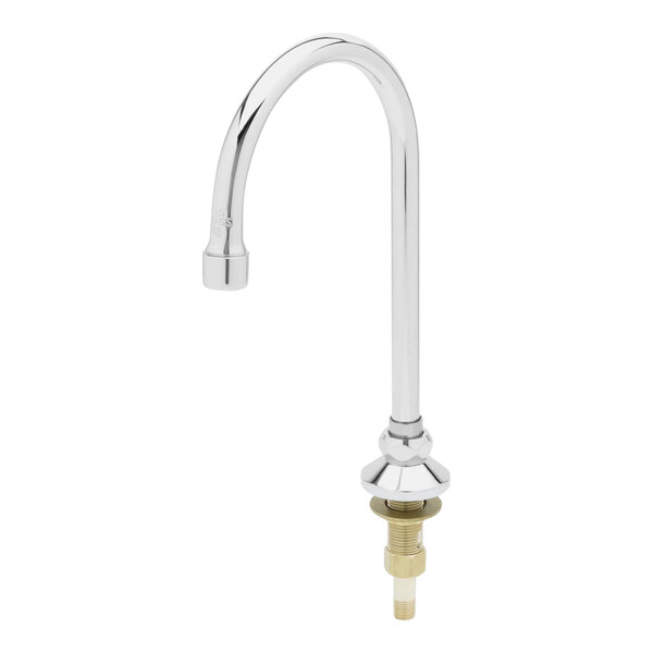 A silver T&amp;S deck-mounted faucet with a 5 3/4" rigid gooseneck spout and a single handle.