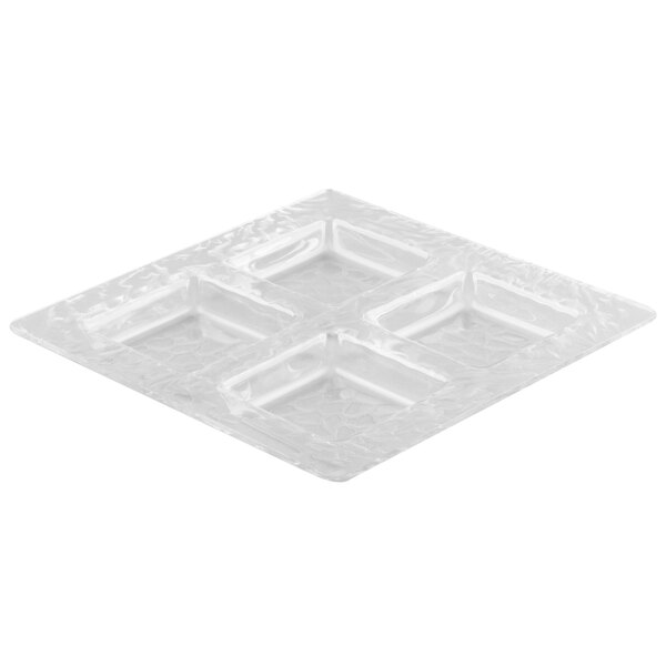 A clear plastic square tray with four compartments.
