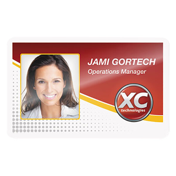 A Fellowes ID badge laminating pouch with a woman's name tag inside.