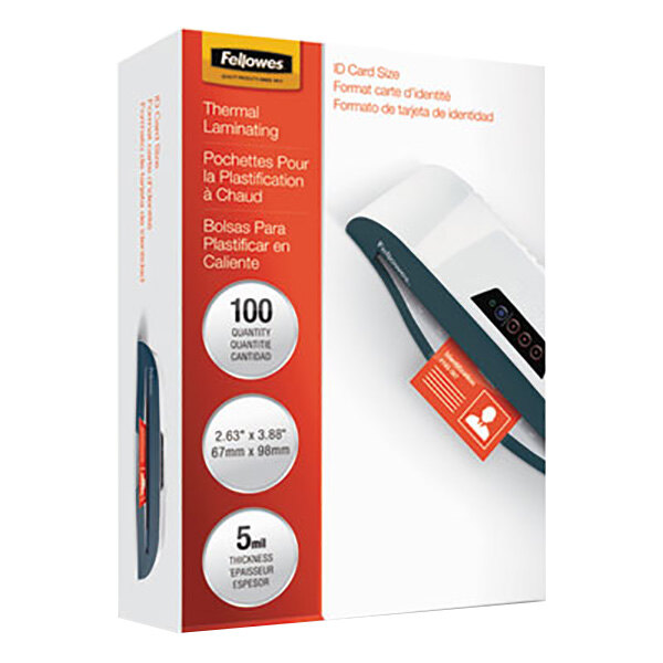 A white box with orange and red accents and a white label reading "Fellowes 52015 ID Badge Laminating Pouch - 100/Pack"