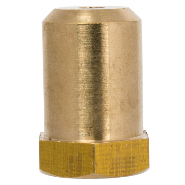A gold metal cylinder with a brass threaded nut.