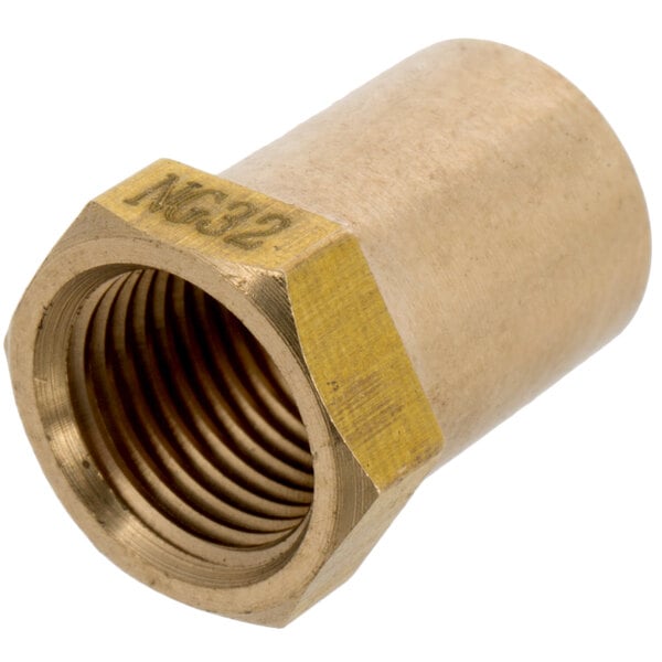 A brass Cooking Performance Group #32 natural gas orifice nut with a number on it.