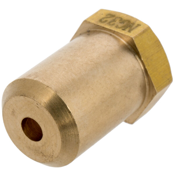 A brass nut with a threaded hole.