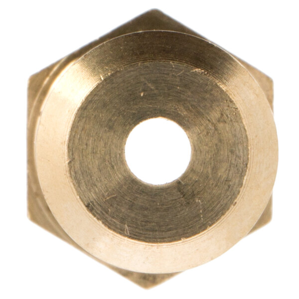 A white brass nut with a hole in it.