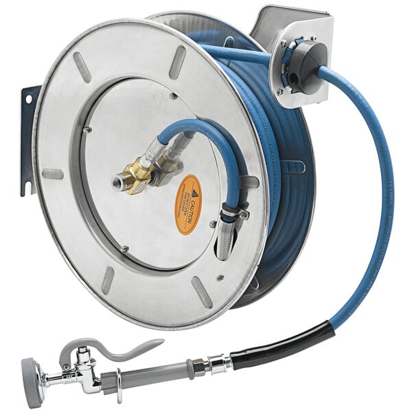 A T&S stainless steel hose reel with a hose attached.