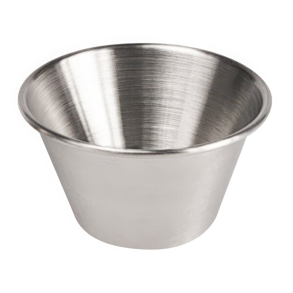 A stainless steel Clipper Mill condiment cup with a silver rim.